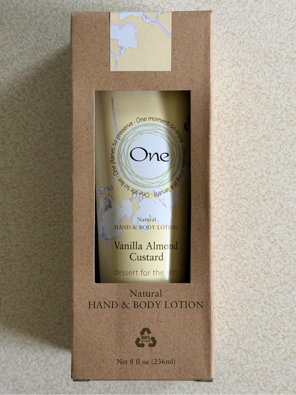 One Natural Hand & Body Lotion Cream Moisturizer Vanilla Almond Custard 8oz